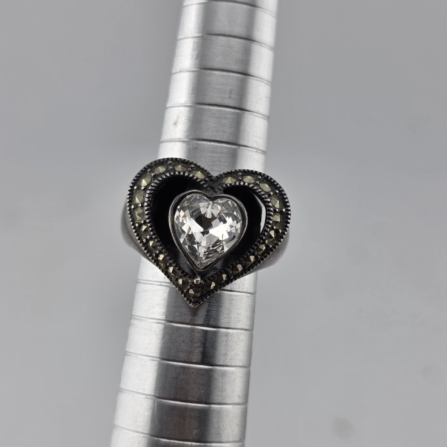 Sterling Silver 925 Heart Ring Clear CZ Marcasite Open Heart Size 7 Patina