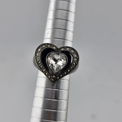 Sterling Silver 925 Heart Ring Clear CZ Marcasite Open Heart Size 7 Patina