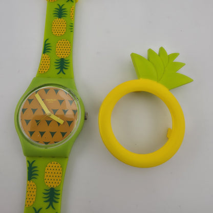 Swatch Originals Exotic Taste Pineapple Watch Green Strap Removable Bezel New