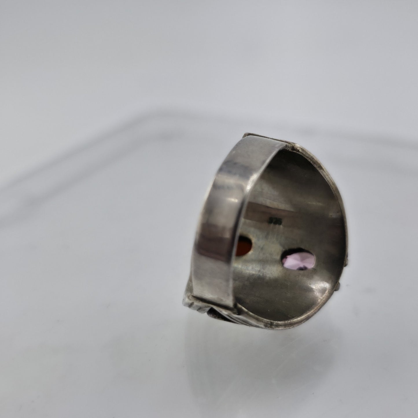 Vintage Sterling Silver Ring Pink Stone Opal Cabochon Filigree Size 8.75 925