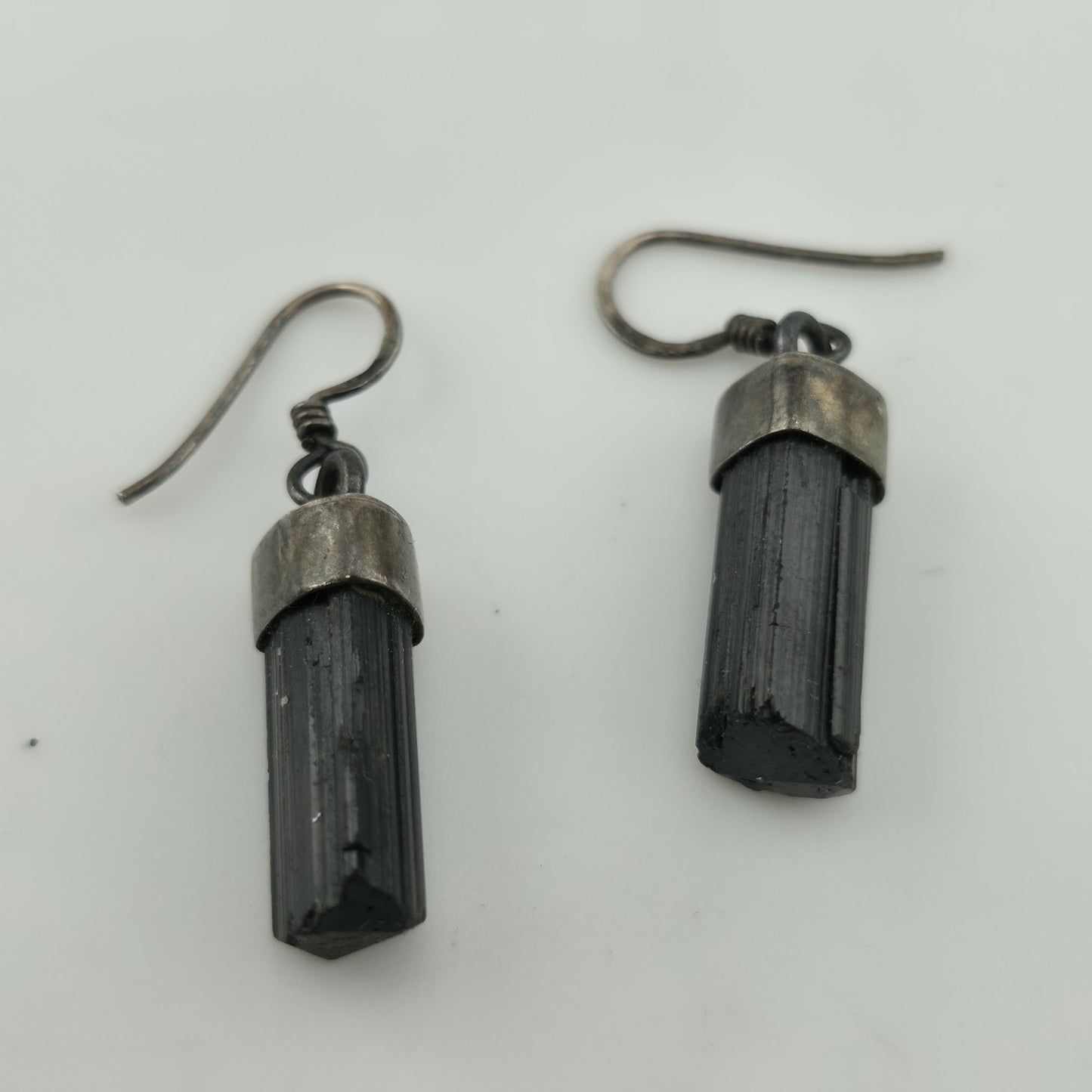 Vintage Sterling Silver Black Tourmaline Drop Earrings Raw Crystal Dangle