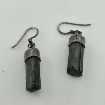 Vintage Sterling Silver Black Tourmaline Drop Earrings Raw Crystal Dangle