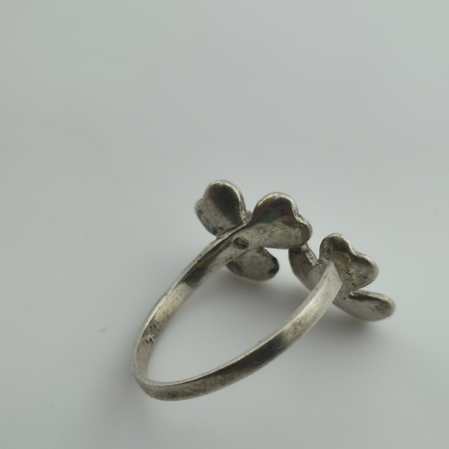 Sterling Silver Flower Ring Clear Stone Double Blossom 5.5 Vintage Patina 925