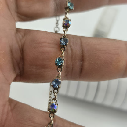 Blue Aurora Borealis Rhinestone Bracelet Silver Tone Delicate Chain 8.5in