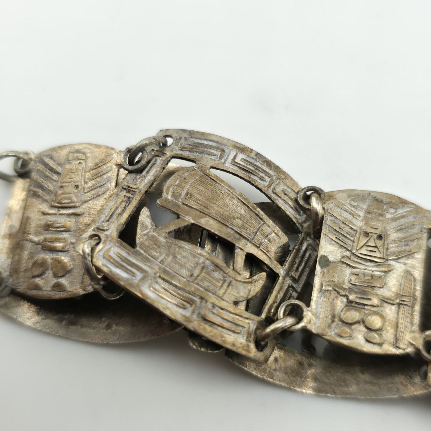Vintage Sterling Peruvian Story Panel Link Bracelet Cultural Motif Design 15.5g