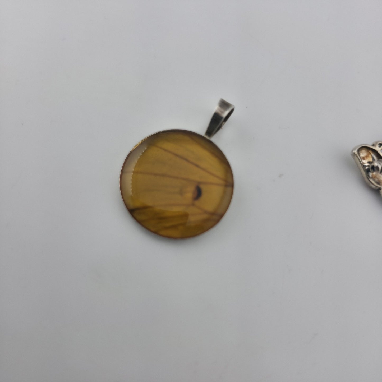 Vintage Sterling Silver Amber Pendant Large Round Honey Cognac Inclusion 1.5"