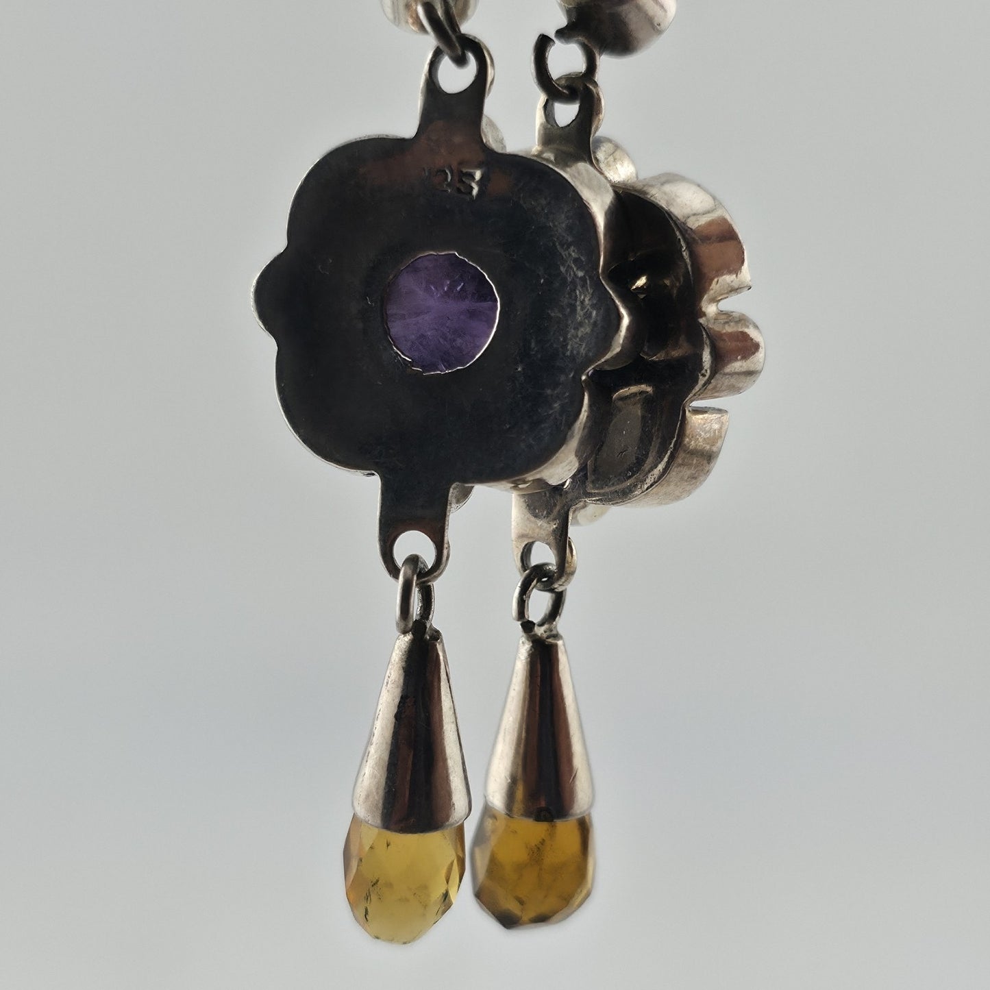 Vintage 925 Sterling Silver Amethyst Citrine Dangle Earrings Gemstone Drop Boho