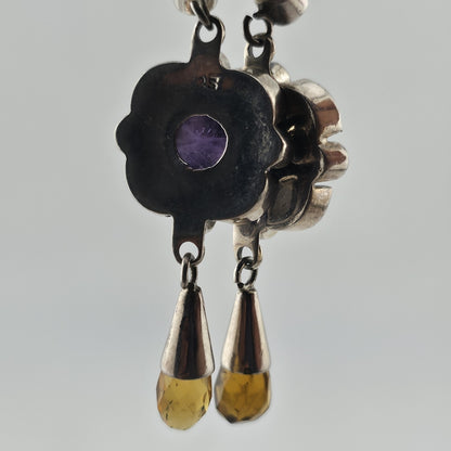 Vintage 925 Sterling Silver Amethyst Citrine Dangle Earrings Gemstone Drop Boho