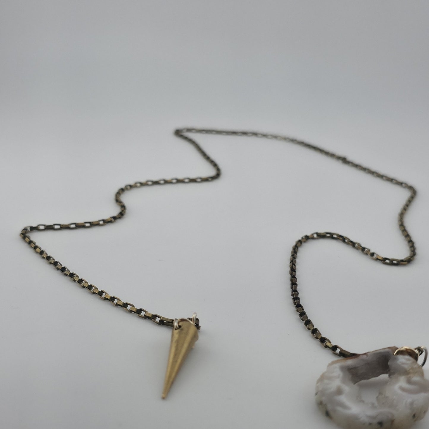 Vintage Druzy Agate Geode Pendant Necklace Brass Spike Layered Boho Jewelry