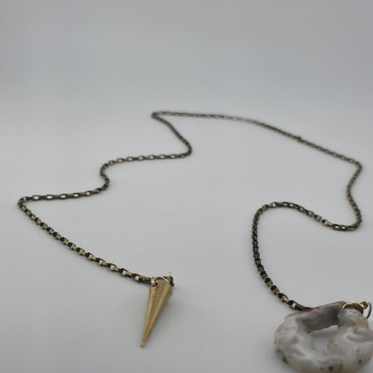 Vintage Druzy Agate Geode Pendant Necklace Brass Spike Layered Boho Jewelry