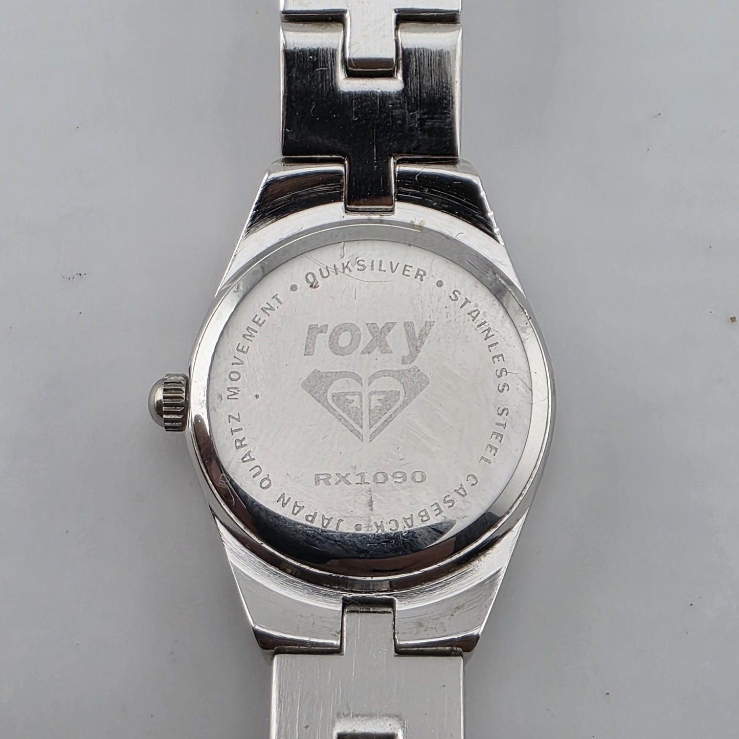 Vintage Roxy RX1090 Pink Dial Rhinestone Quartz Watch Womens Stainless Steel