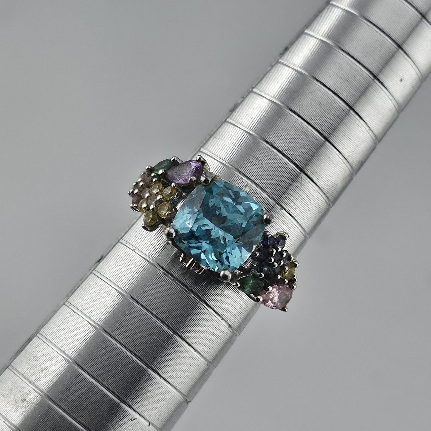 Thomas Kinkade BGE 925 Sterling Silver Multi Gem Floral Ring Blue Stone Size 9