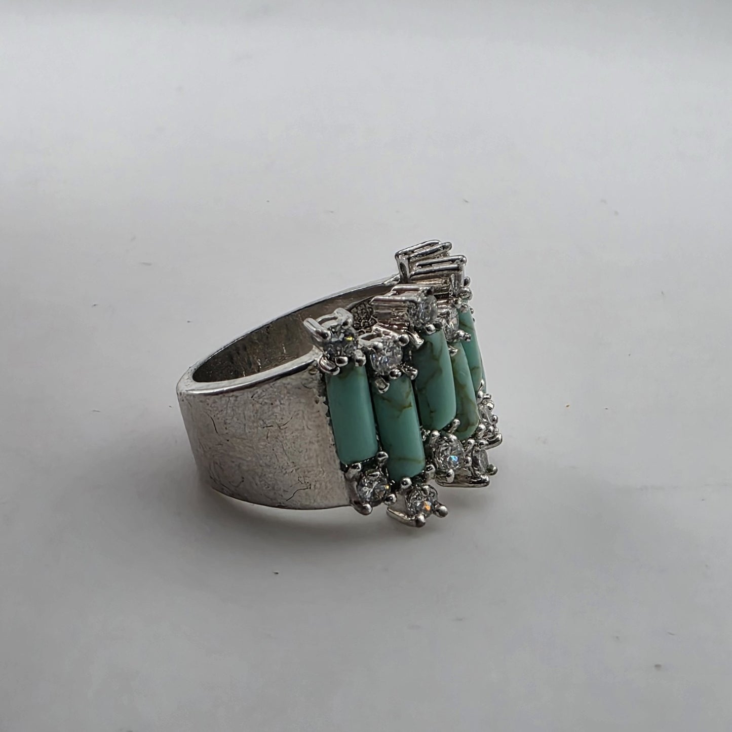 Silver Tone Faux Turquoise & Clear Stone Statement Ring Size 8 Costume fashion