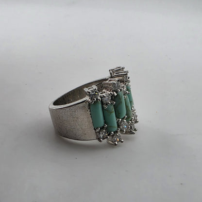 Silver Tone Faux Turquoise & Clear Stone Statement Ring Size 8 Costume fashion