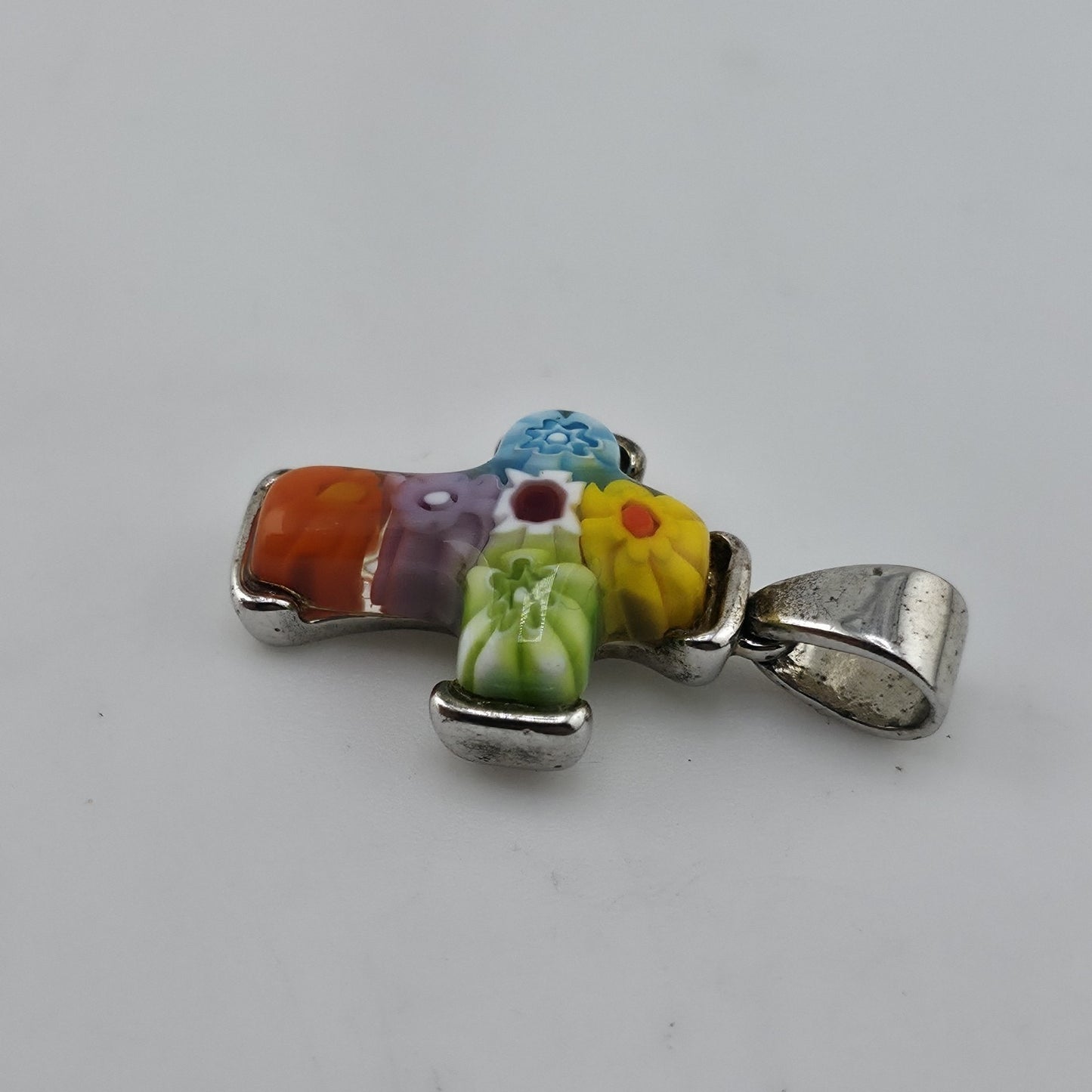Allan K Sterling Silver Murano Millefiori Glass Cross Pendant Floral Mosaic