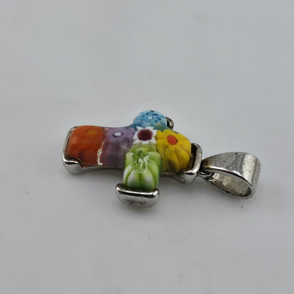 Allan K Sterling Silver Murano Millefiori Glass Cross Pendant Floral Mosaic