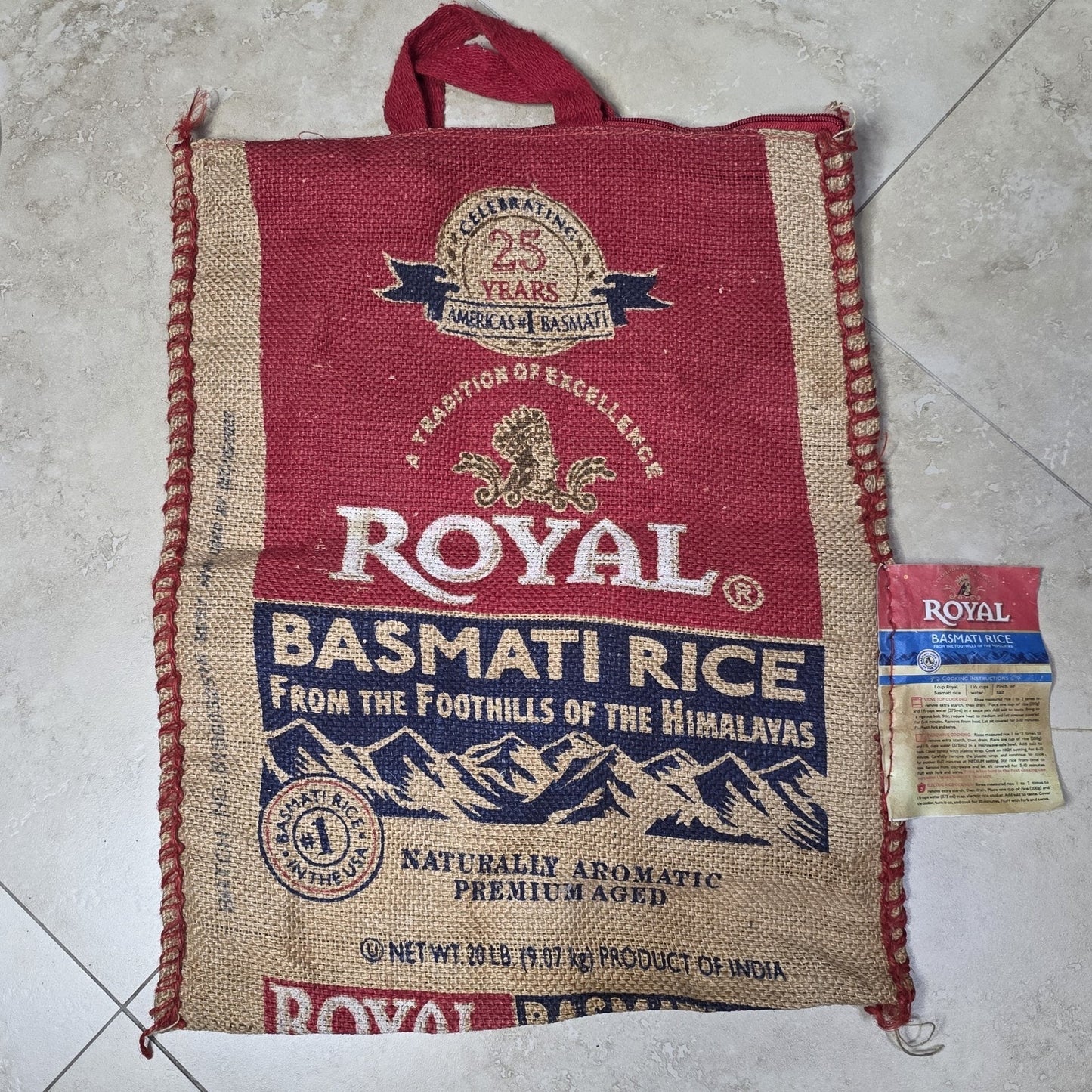 Royal Basmati Rice Burlap Tote Bag Upcycled Sack Reusable Market Bag Red