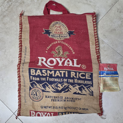 Royal Basmati Rice Burlap Tote Bag Upcycled Sack Reusable Market Bag Red