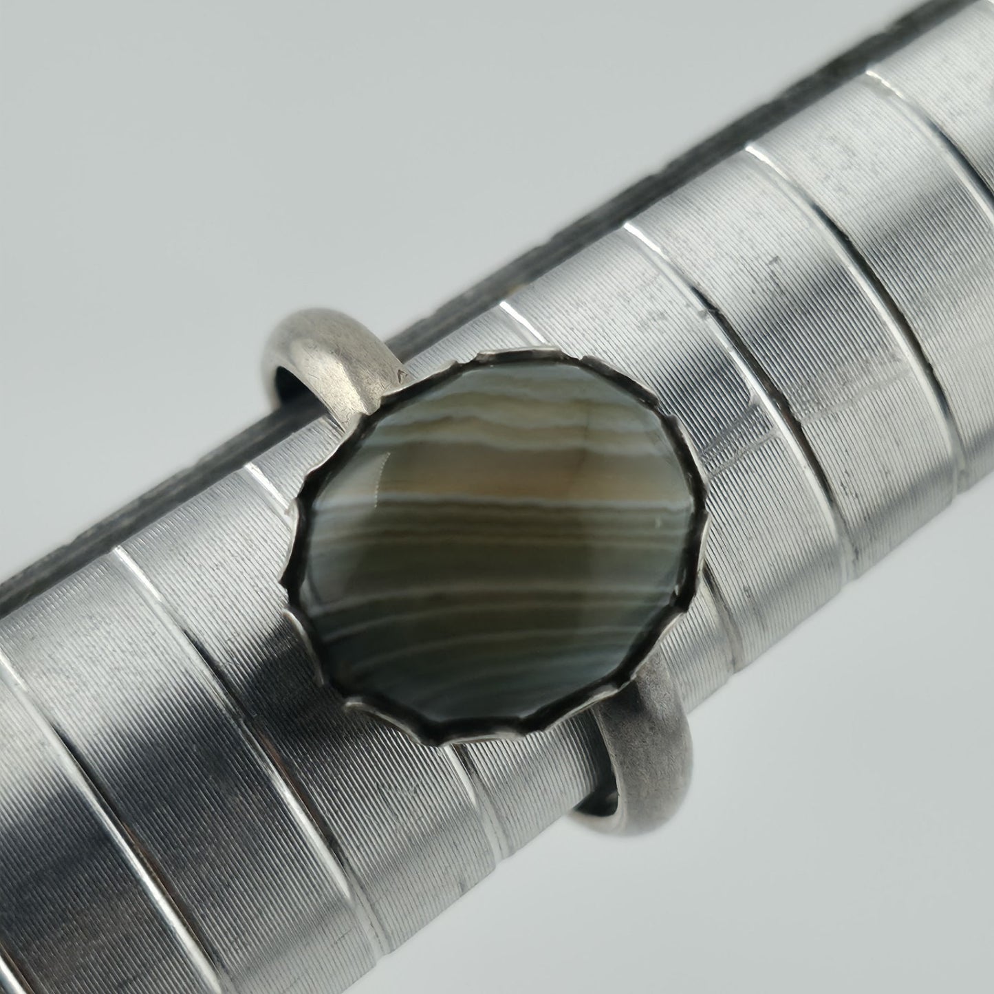 Vintage Sterling Silver Banded Agate Ring Adjustable Size 925 Statement Stone