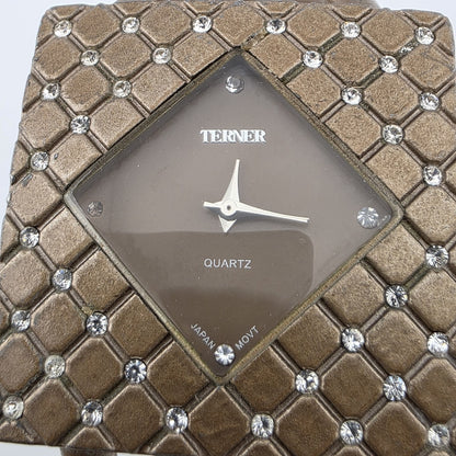 Vintage Terner Quartz Cuff Watch Bronze Rhinestone Statement Bracelet Working