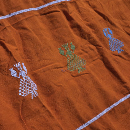 Vintage Mexican Handwoven Orange Blanket Bird Embroidery Serape Textile Throw