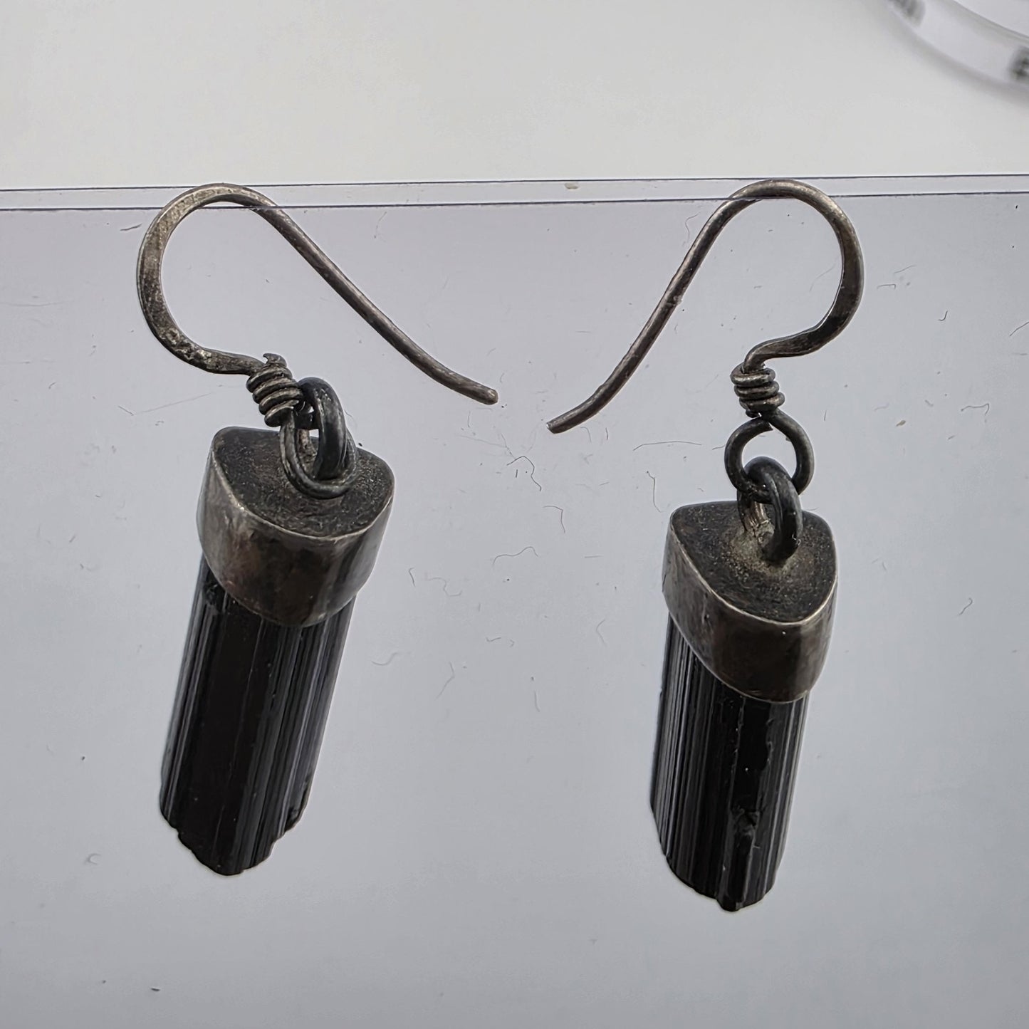 Vintage Sterling Silver Black Tourmaline Drop Earrings Raw Crystal Dangle