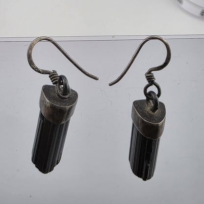 Vintage Sterling Silver Black Tourmaline Drop Earrings Raw Crystal Dangle