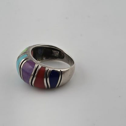Sterling Silver Multi Color Inlay Ring Southwestern Style Dome Size 5.5