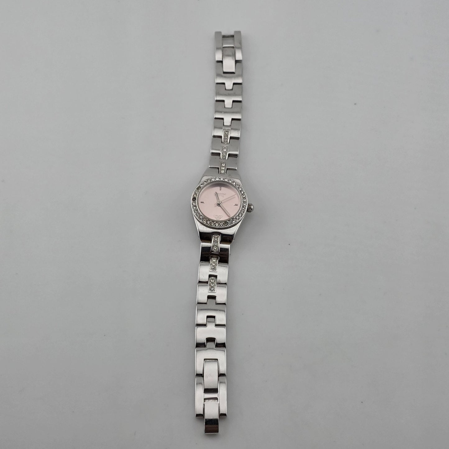 Vintage Roxy RX1090 Pink Dial Rhinestone Quartz Watch Womens Stainless Steel