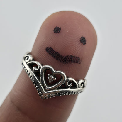 Sterling Silver Princess Tiara Crown Ring Heart Size 7.5