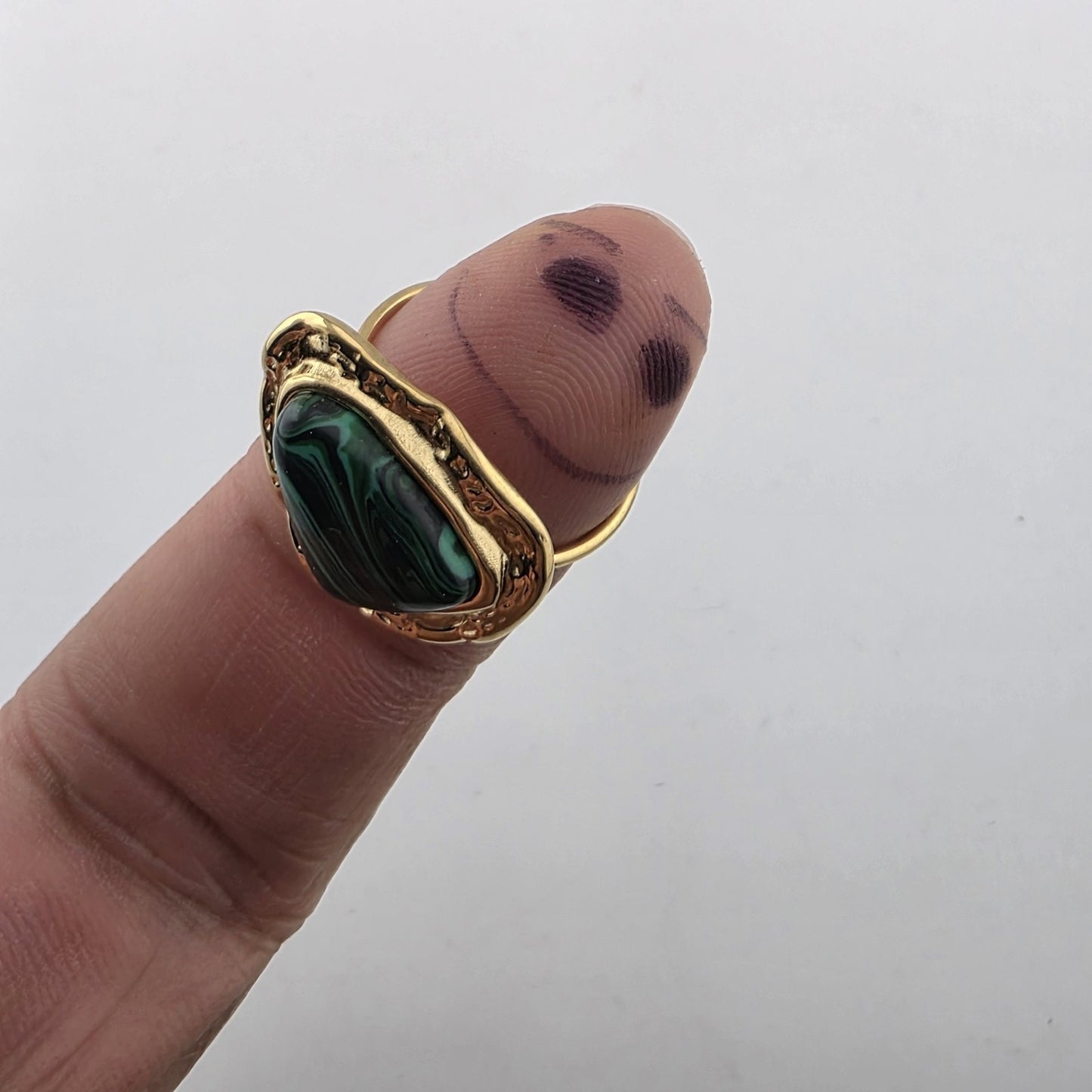 Green Malachite Style Adjustable Ring Gold Tone Stainless Steel Statement