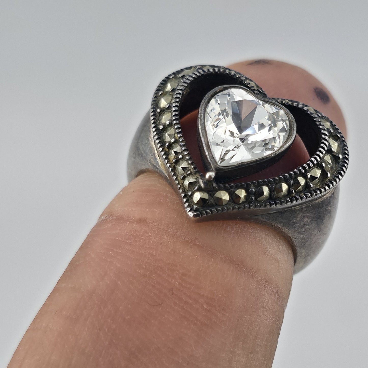 Sterling Silver 925 Heart Ring Clear CZ Marcasite Open Heart Size 7 Patina
