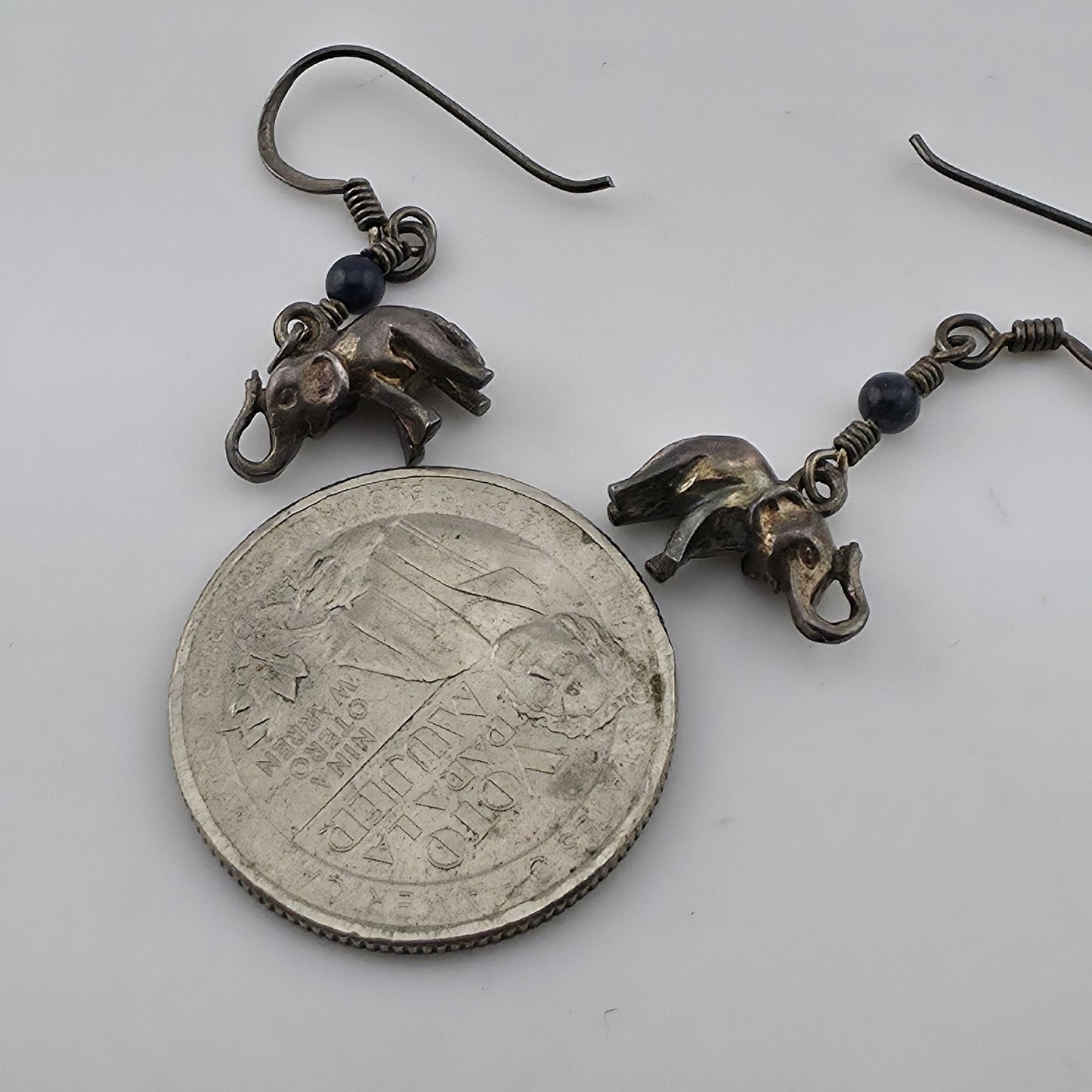 Vintage Elephant Dangle Earrings Blue Bead Silver Tone Boho Tribal Jewelry
