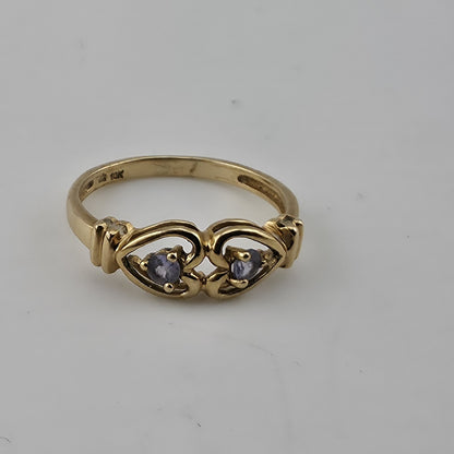10K Yellow Gold Heart Ring Amethyst Purple Stones Vintage Size 6.75