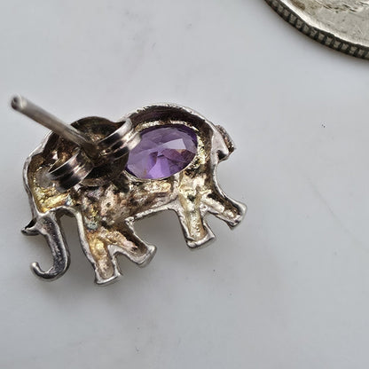 Vintage 925 Sterling Silver Elephant Stud Earrings Amethyst Purple Animal Jewelr