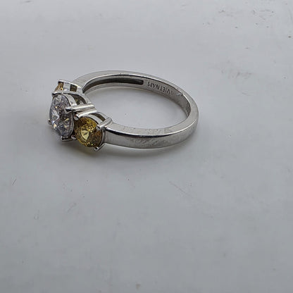 925 Sterling Silver CZ Three Stone Ring Size 8.75 Clear Yellow Stones