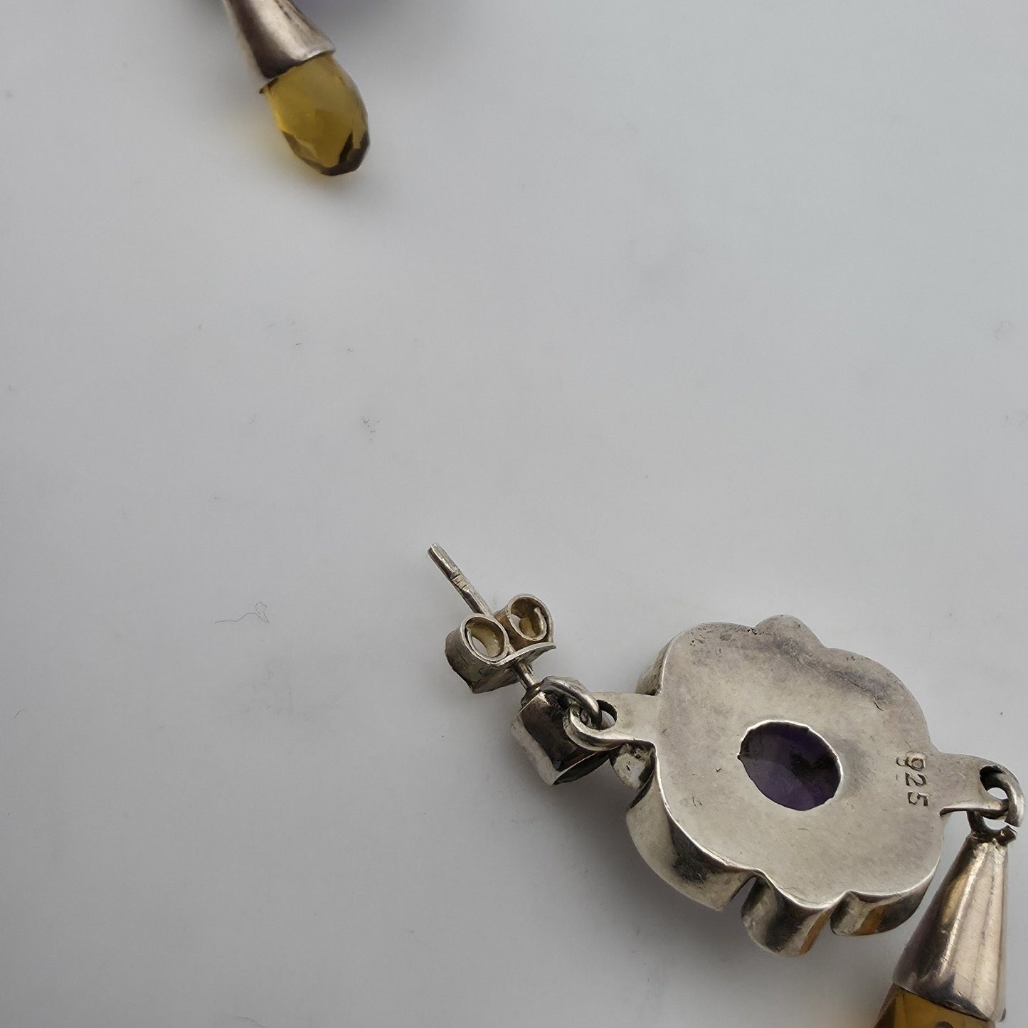 Vintage 925 Sterling Silver Amethyst Citrine Dangle Earrings Gemstone Drop Boho