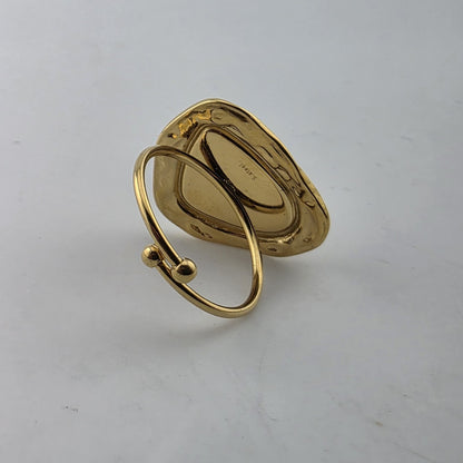 Green Malachite Style Adjustable Ring Gold Tone Stainless Steel Statement