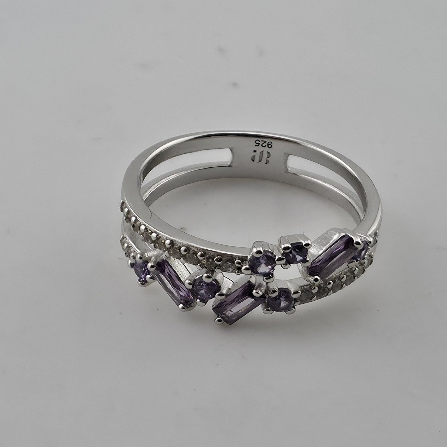 925 Sterling Silver Purple Amethyst Baguette Round Stone Ring Size 9 Split Band