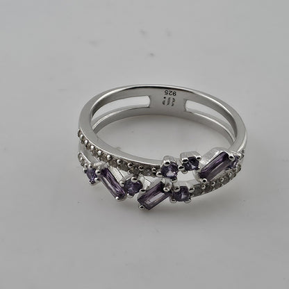 925 Sterling Silver Purple Amethyst Baguette Round Stone Ring Size 9 Split Band