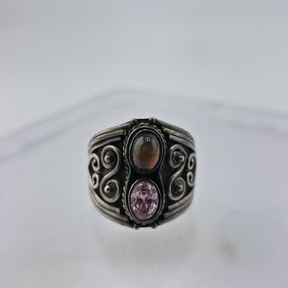 Vintage Sterling Silver Ring Pink Stone Opal Cabochon Filigree Size 8.75 925