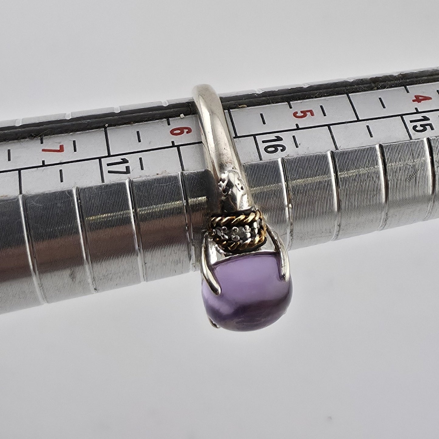 Sterling Silver & 18K Amethyst Cabochon Ring Designer Signed P G Size 5.75