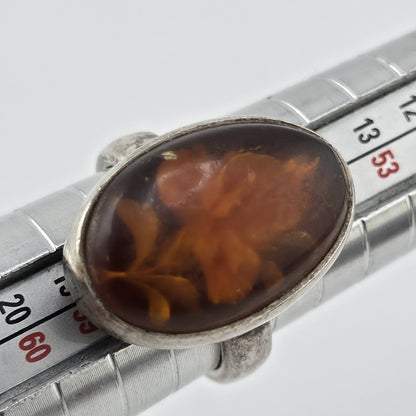 Polish Baltic Amber Reverse Carved Sterling Silver Ring 925 Size 8 Vintage