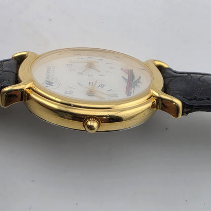 Vintage Northwest Airlines Dual Time Zone Watch Working Gold Tone Black Strap