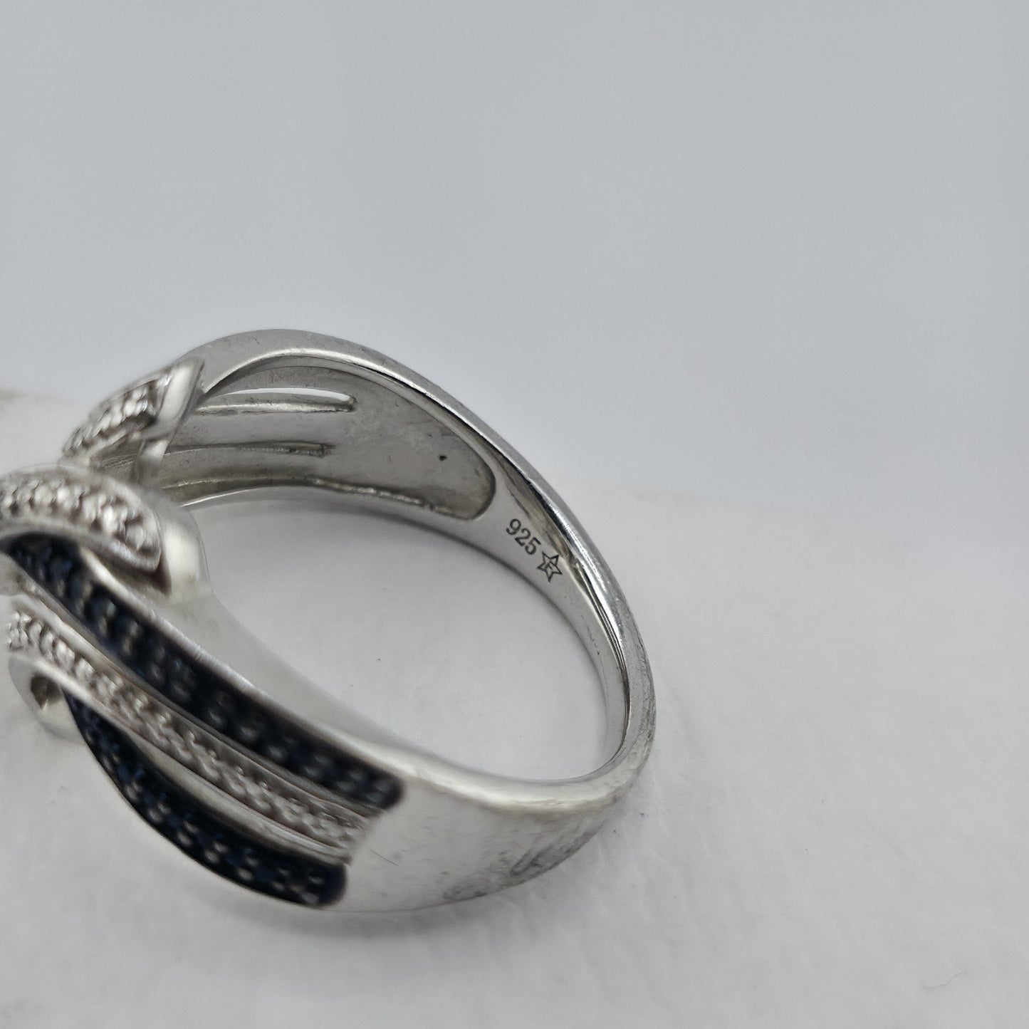 Sterling Silver Blue & Clear Stone Wave Ring Size 7 925 Statement Band