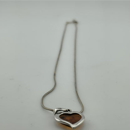 Paolo Romeo Sterling Silver 925 Amber Heart Pendant Necklace Snake Chain 16"