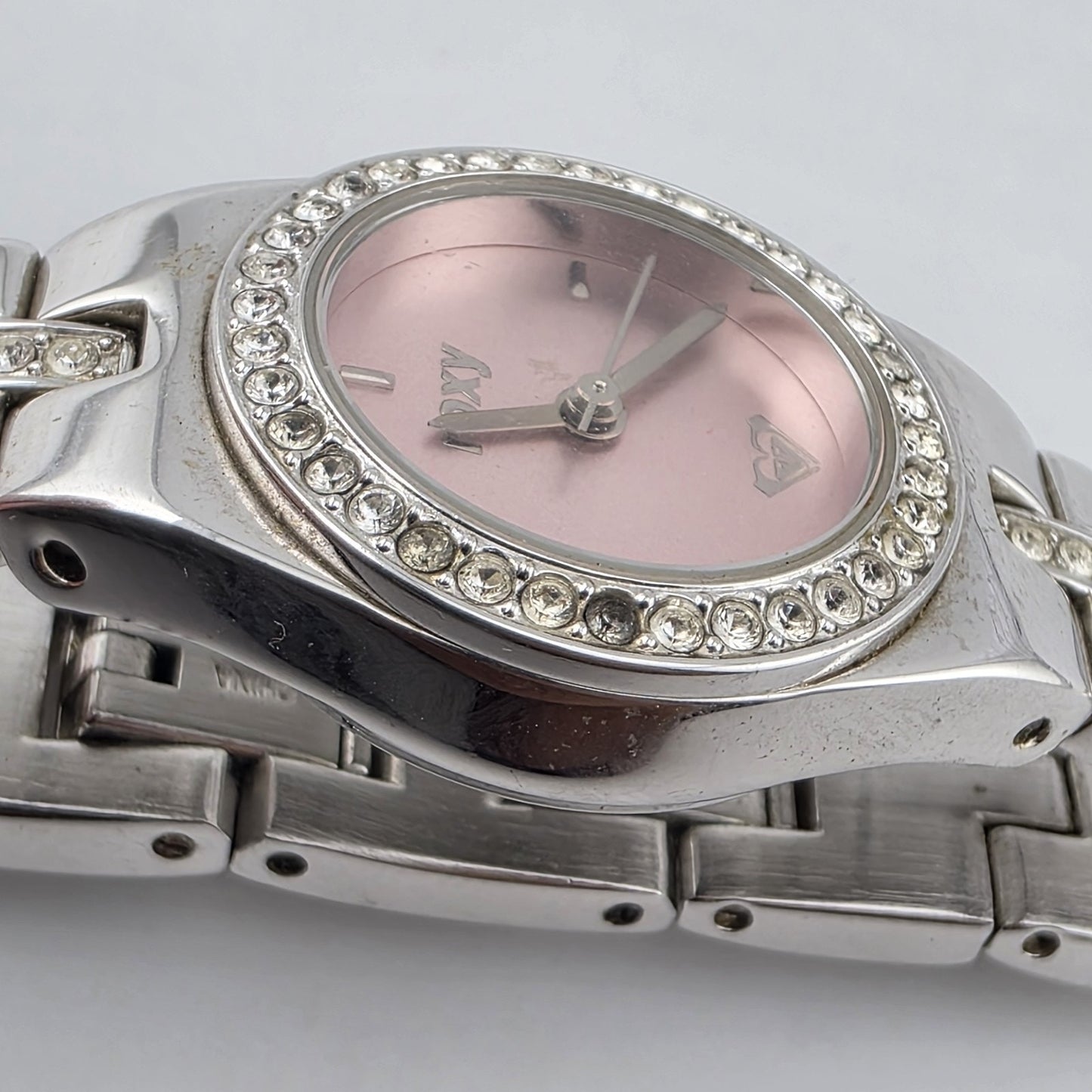 Vintage Roxy RX1090 Pink Dial Rhinestone Quartz Watch Womens Stainless Steel
