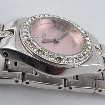 Vintage Roxy RX1090 Pink Dial Rhinestone Quartz Watch Womens Stainless Steel