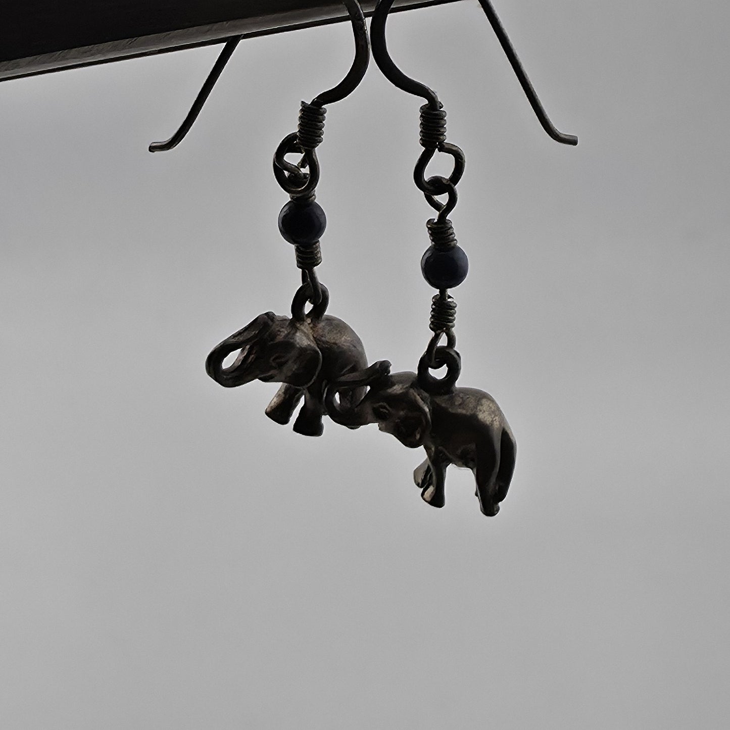 Vintage Elephant Dangle Earrings Blue Bead Silver Tone Boho Tribal Jewelry