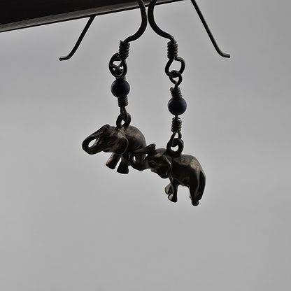 Vintage Elephant Dangle Earrings Blue Bead Silver Tone Boho Tribal Jewelry